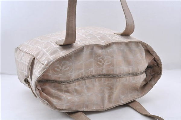 Authentic CHANEL New Travel Line Shoulder Tote Bag Nylon Leather Beige 7281C