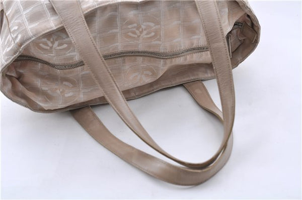Authentic CHANEL New Travel Line Shoulder Tote Bag Nylon Leather Beige 7281C