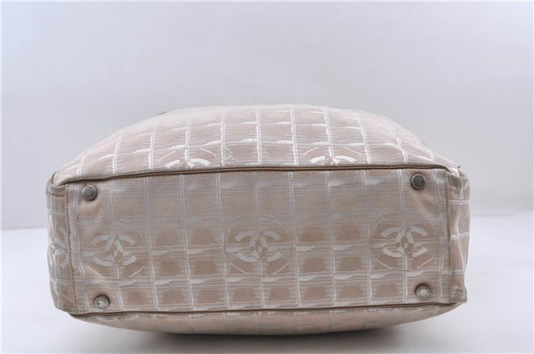 Authentic CHANEL New Travel Line Shoulder Tote Bag Nylon Leather Beige 7281C
