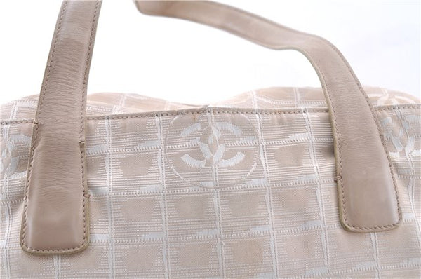 Authentic CHANEL New Travel Line Shoulder Tote Bag Nylon Leather Beige 7281C