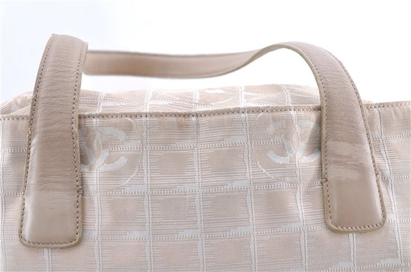Authentic CHANEL New Travel Line Shoulder Tote Bag Nylon Leather Beige 7281C