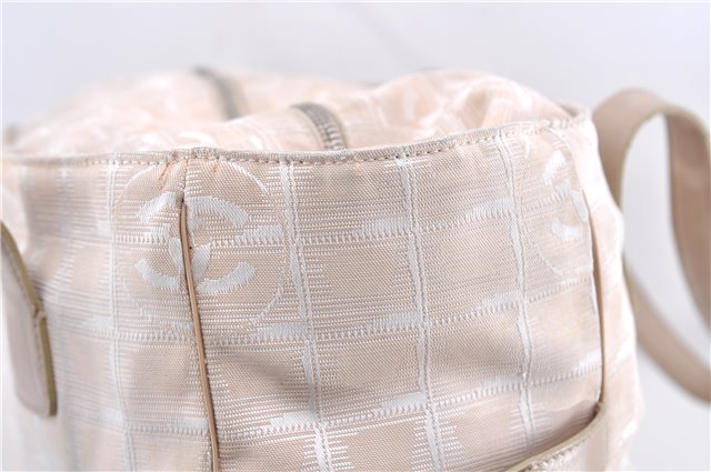 Authentic CHANEL New Travel Line Shoulder Tote Bag Nylon Leather Beige 7281C