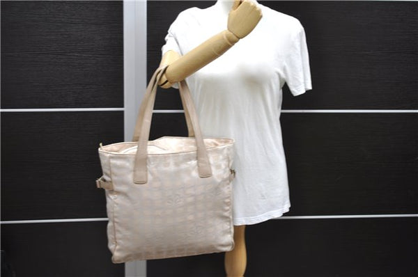Authentic CHANEL New Travel Line Shoulder Tote Bag Nylon Leather Beige 7281C