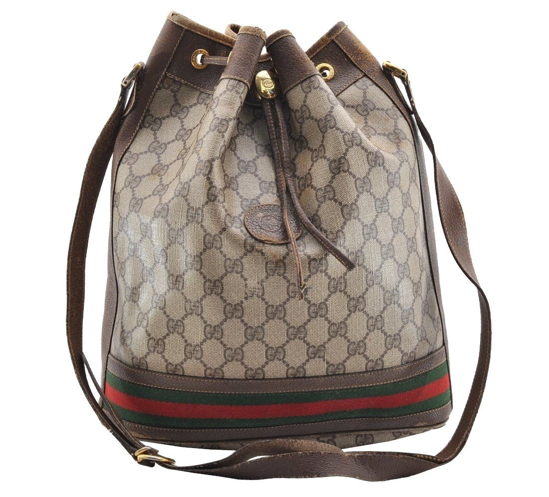 Authentic GUCCI Web Sherry Line Drawstring Bag GG PVC Leather Brown Junk 7290I