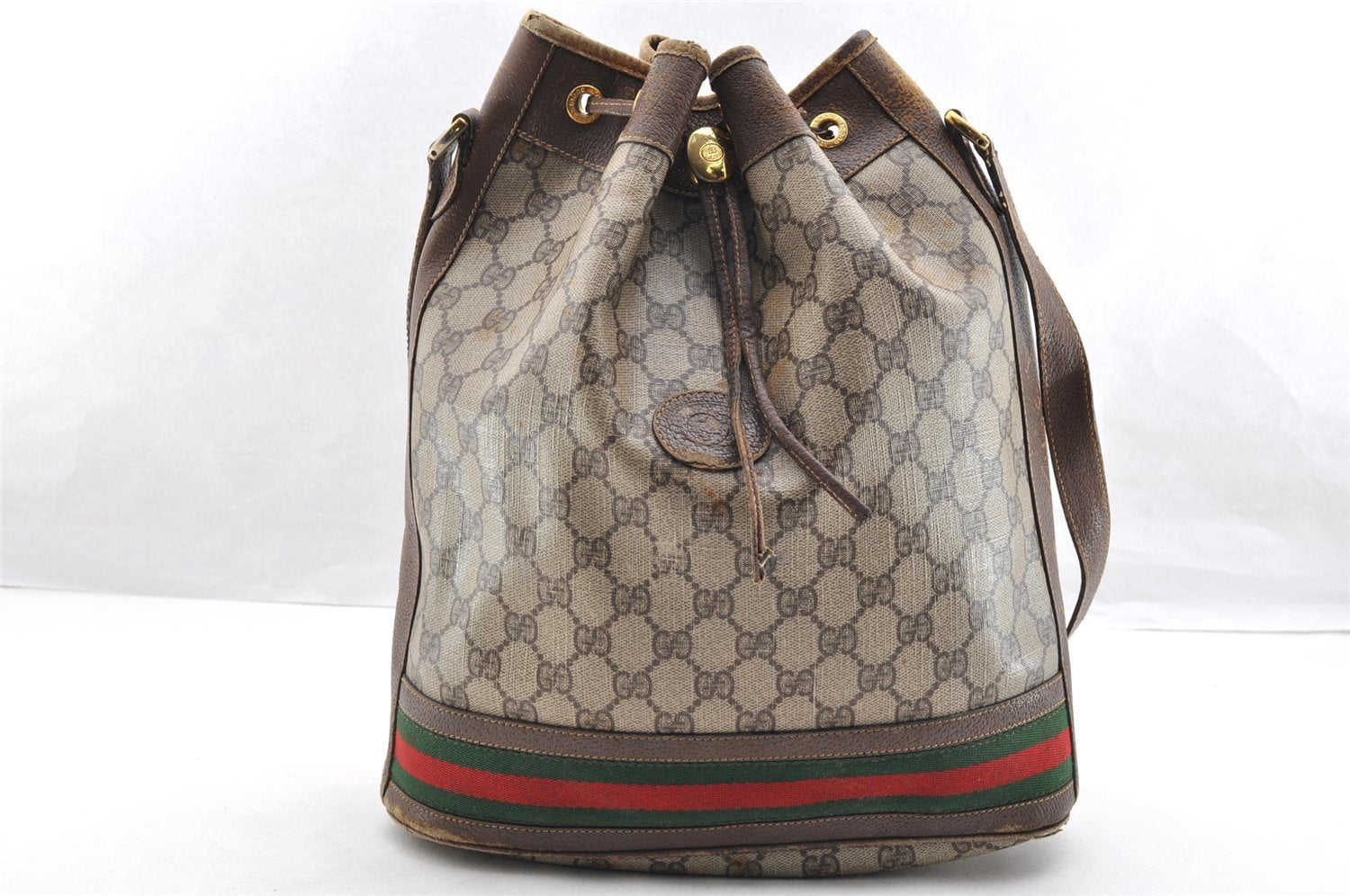 Authentic GUCCI Web Sherry Line Drawstring Bag GG PVC Leather Brown Junk 7290I