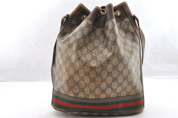 Authentic GUCCI Web Sherry Line Drawstring Bag GG PVC Leather Brown Junk 7290I