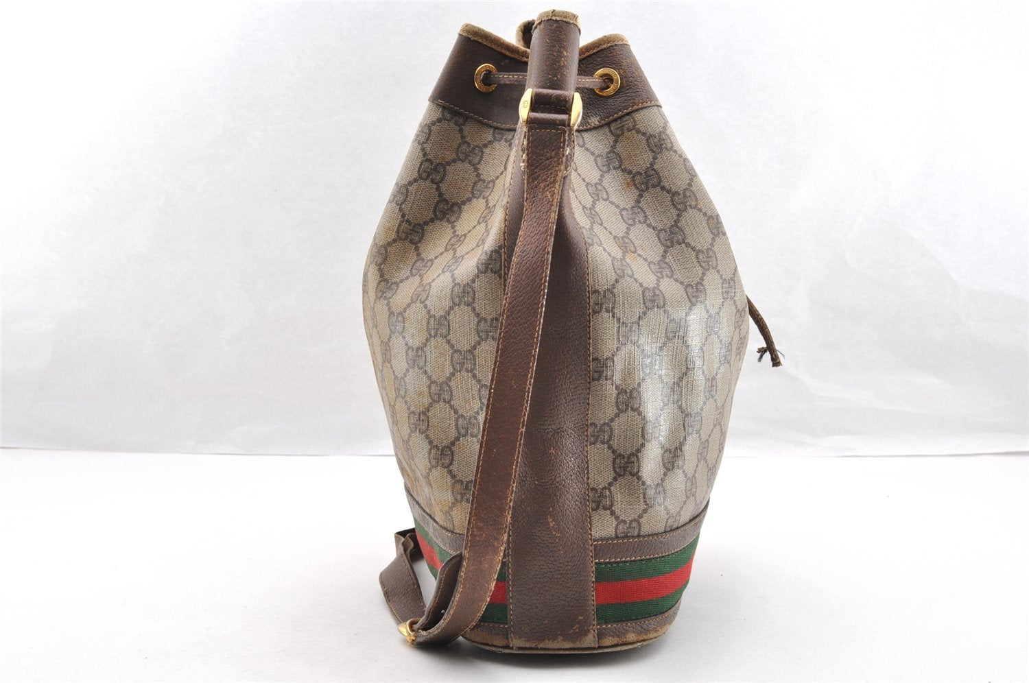 Authentic GUCCI Web Sherry Line Drawstring Bag GG PVC Leather Brown Junk 7290I