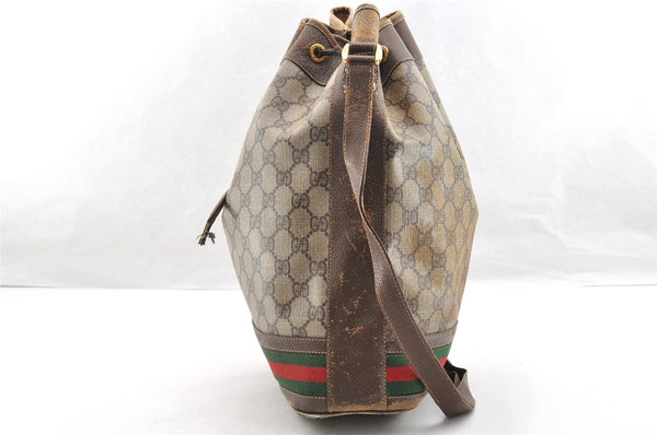 Authentic GUCCI Web Sherry Line Drawstring Bag GG PVC Leather Brown Junk 7290I