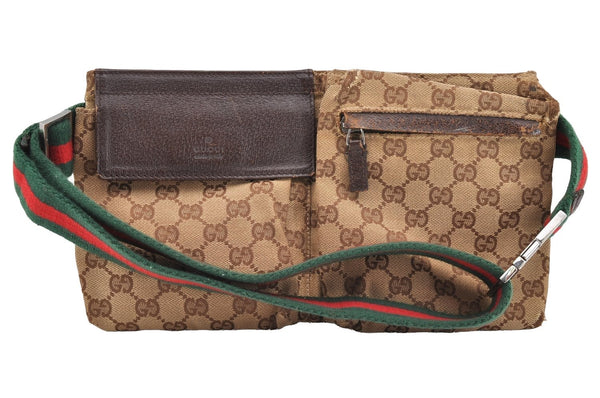 Authentic GUCCI Web Sherry Line Waist Bag GG Canvas Leather 28566 Brown 7298I