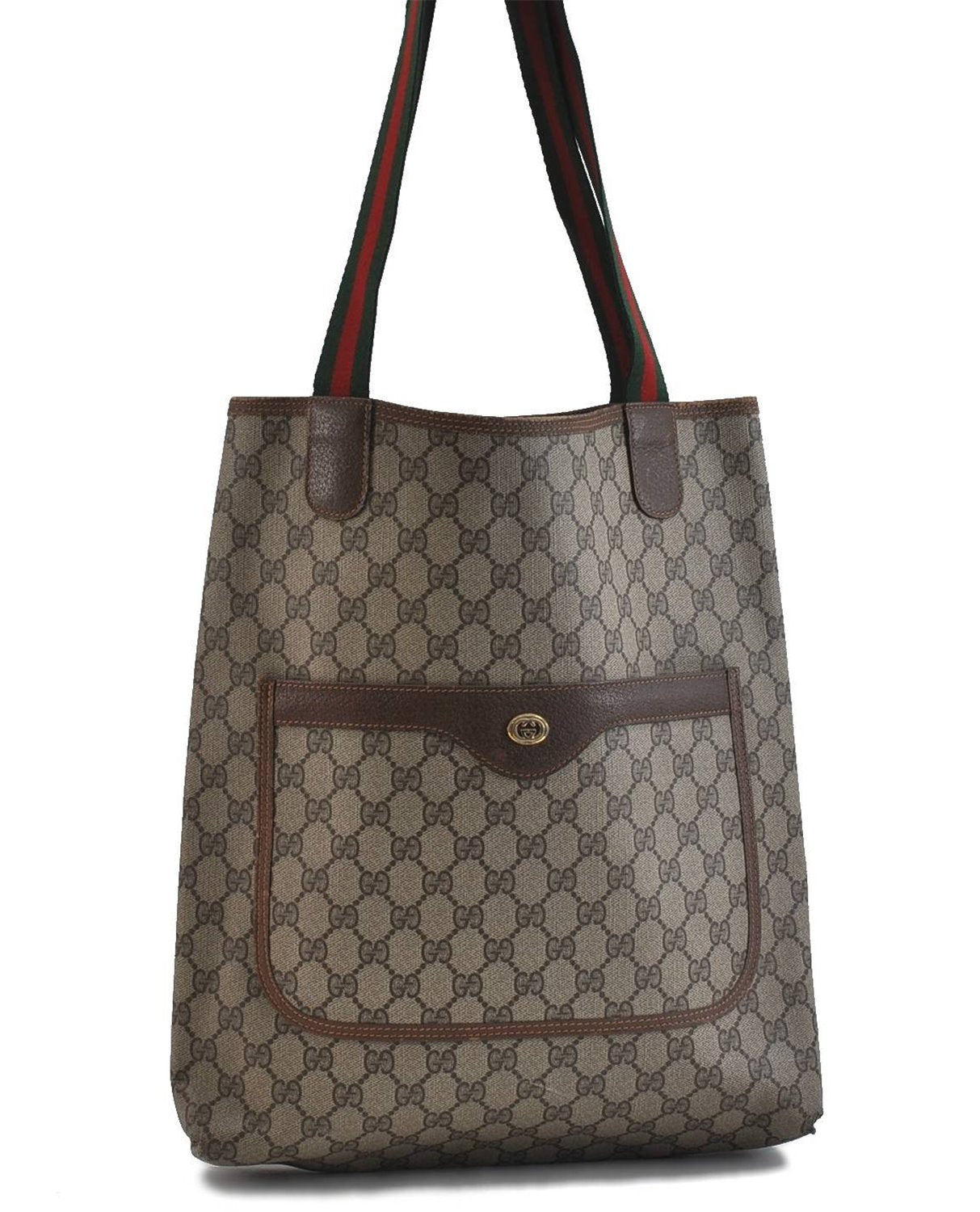 Authentic GUCCI Web Sherry Line Shoulder Tote Bag PVC Leather Brown 7331C