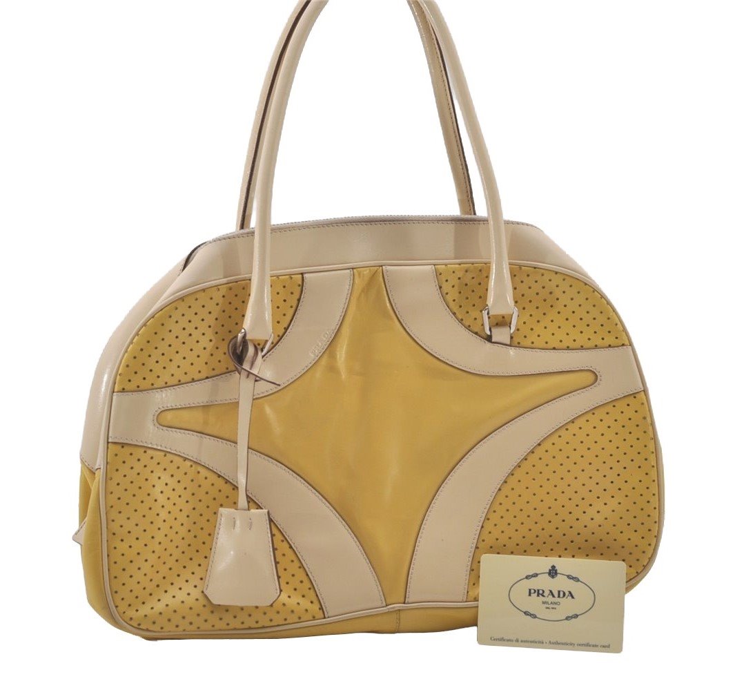 Authentic PRADA Leather Nappa Punching Shoulder Hand Bag B10524 Yellow 7334I