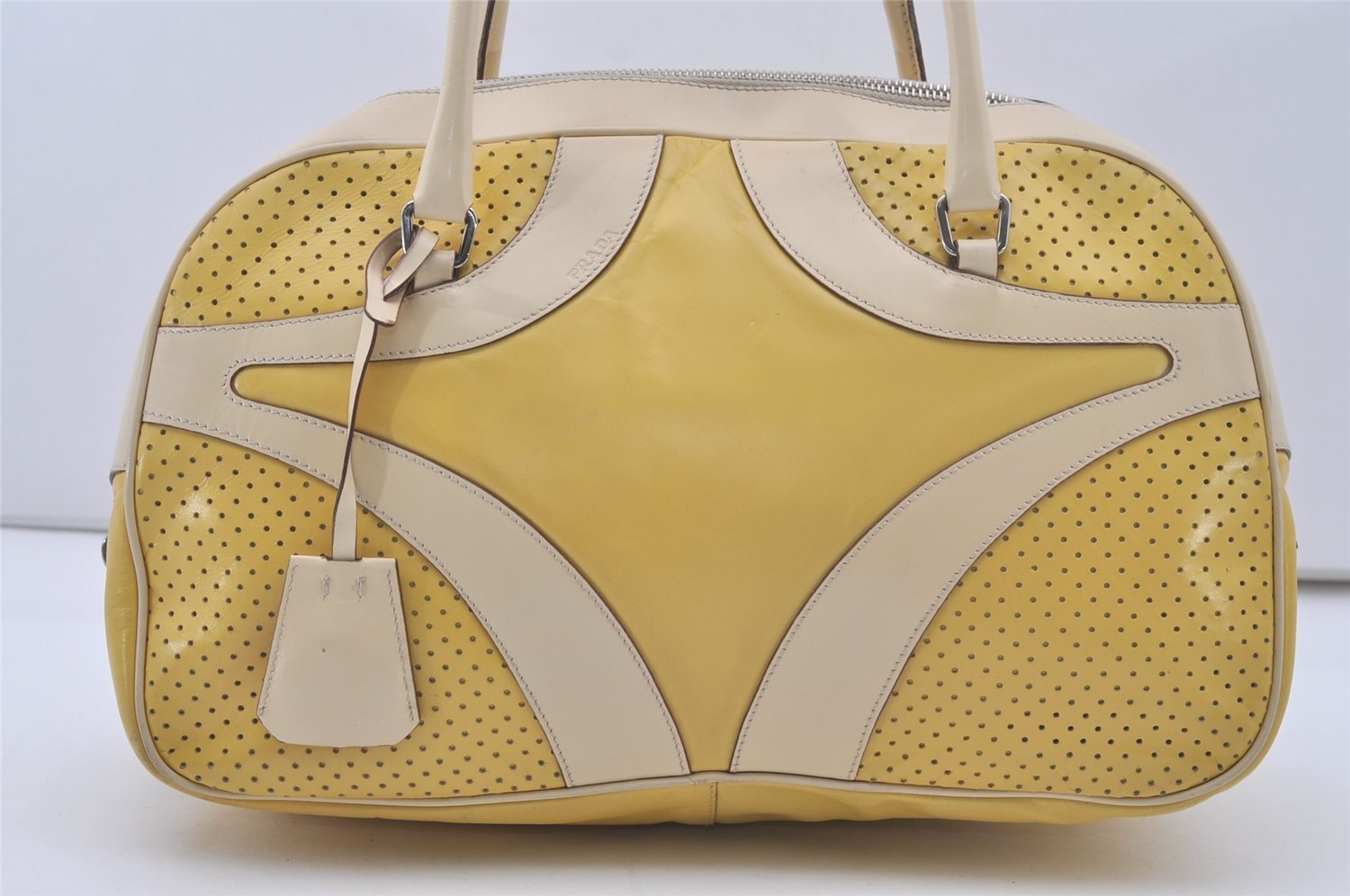 Authentic PRADA Leather Nappa Punching Shoulder Hand Bag B10524 Yellow 7334I