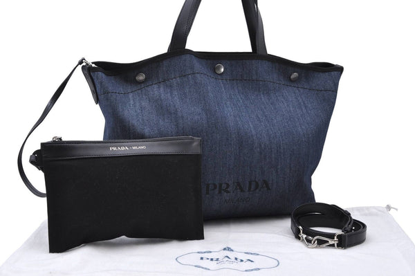 Authentic PRADA Denim Leather Shoulder Tote Bag Blue 7345B