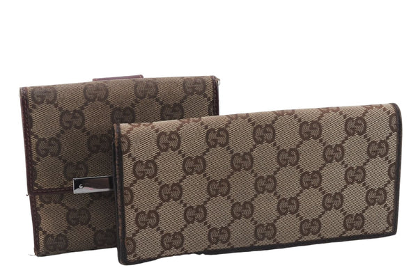 Authentic GUCCI Bifold Long Wallet Purse GG Canvas Leather Brown 2Set 7352D