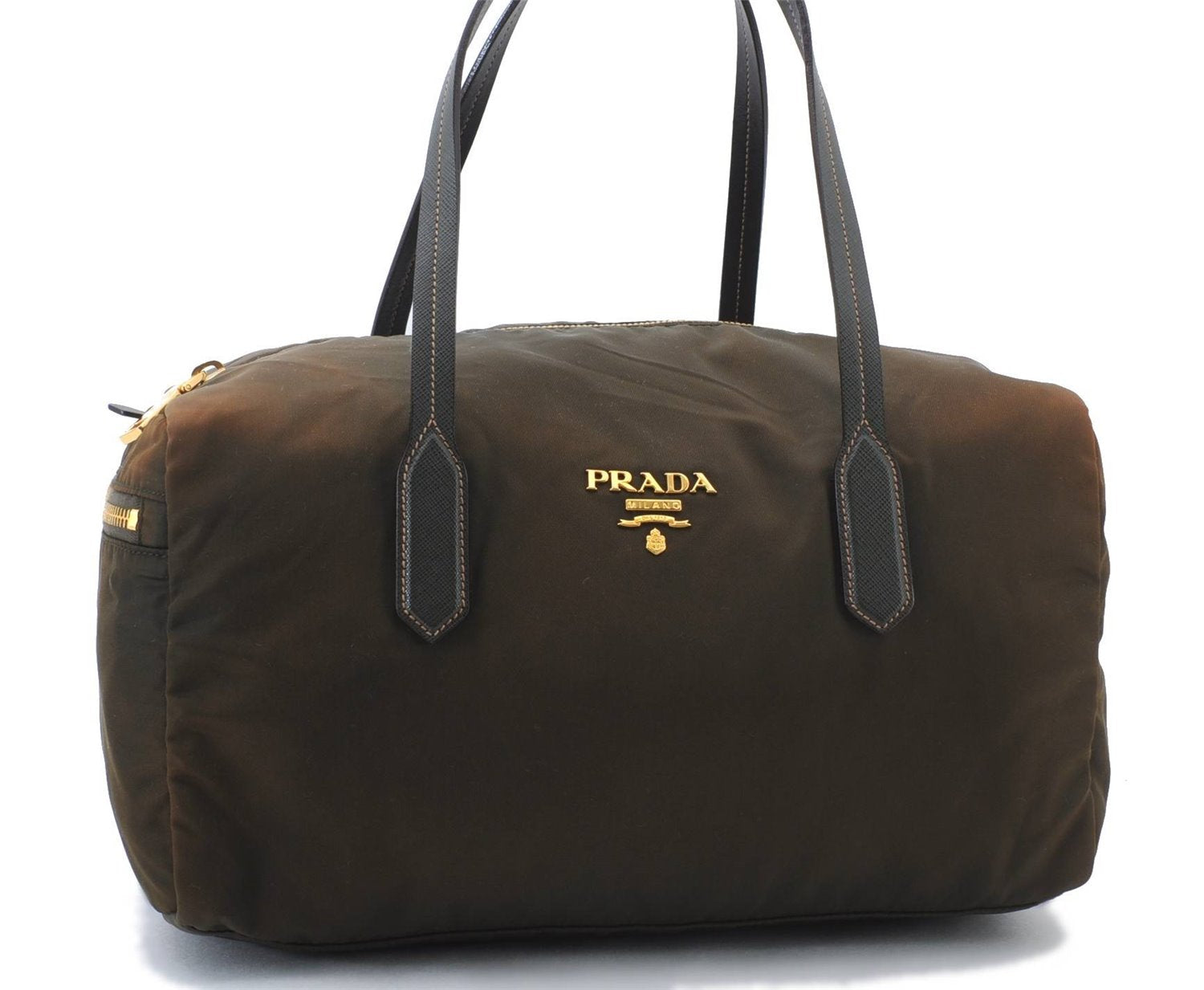 Authentic PRADA Nylon Leather Hand Boston Bag Khaki Green 7354C