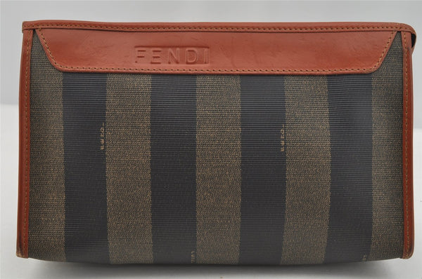 Authentic FENDI Pequin Clutch Hand Bag Purse PVC Leather Brown Black 7364I