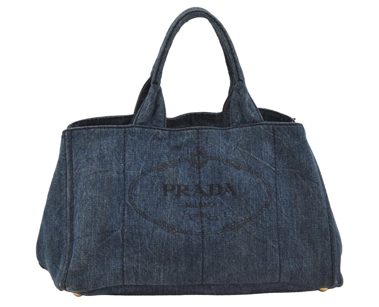 Authentic PRADA Vintage Canapa L Tote Hand Bag Denim Blue 7378I