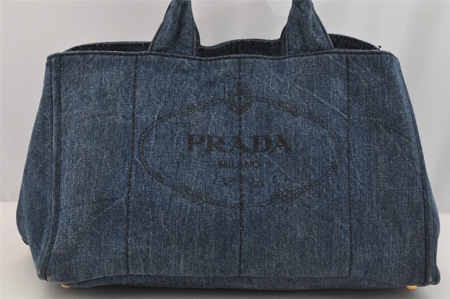 Authentic PRADA Vintage Canapa L Tote Hand Bag Denim Blue 7378I