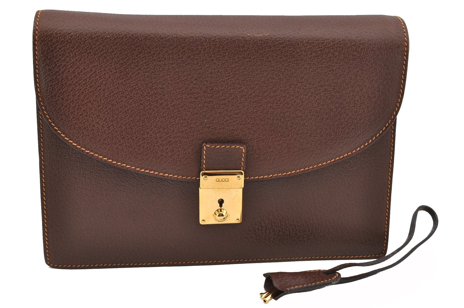 Authentic GUCCI Vintage Clutch Hand Bag Purse Leather Brown 7380F