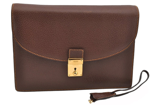Authentic GUCCI Vintage Clutch Hand Bag Purse Leather Brown 7380F