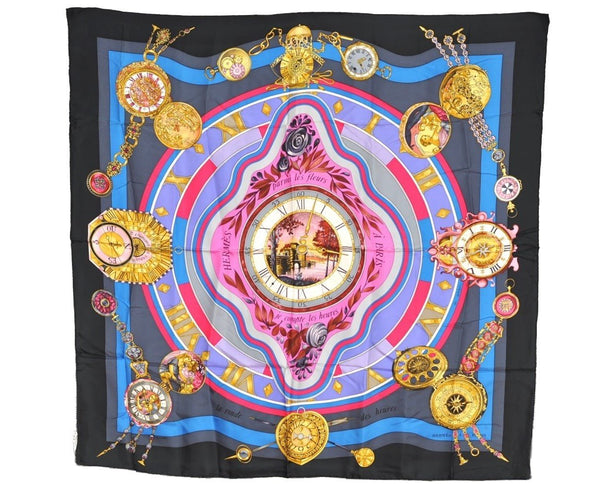 Authentic HERMES Carre 90 Scarf "parmi les fleurs je compte" Silk Black 7388I