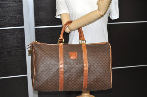 Auth CELINE Macadam Blason Pattern Travel Boston Bag PVC Leather Brown 7400C