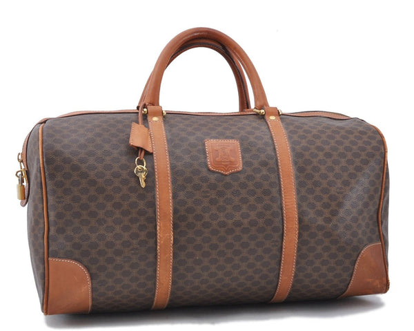 Auth CELINE Macadam Blason Pattern Travel Boston Bag PVC Leather Brown 7403C