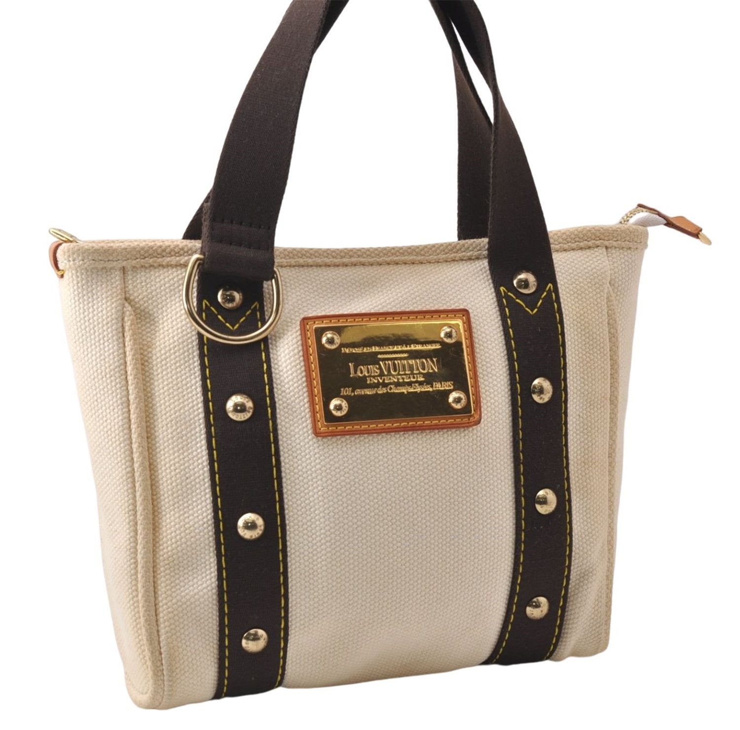 Authentic Louis Vuitton Antigua Cabas PM Hand Bag White Brown M40039 LV 7405D