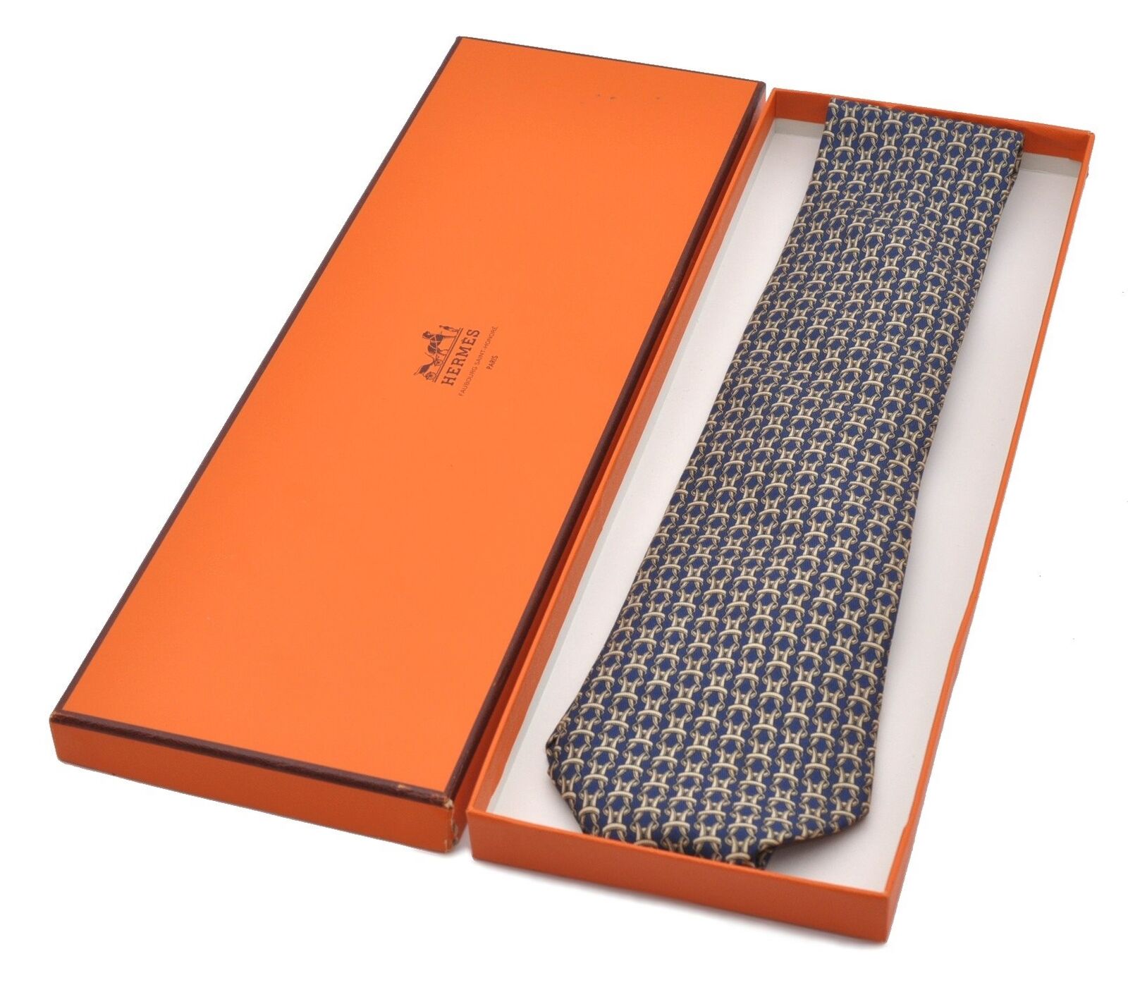 Authentic HERMES Tie Mens Necktie String Pattern Silk 7885MA Blue Box 7406B