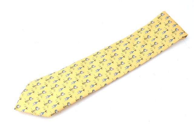 Authentic HERMES Necktie Chicken Home Pattern Silk Yellow Box 7408B