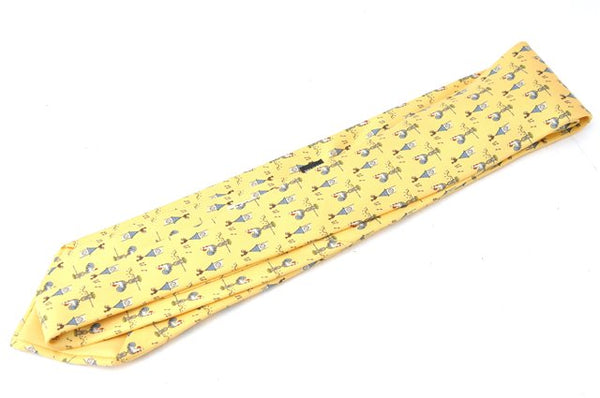 Authentic HERMES Necktie Chicken Home Pattern Silk Yellow Box 7408B