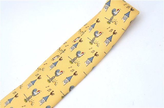 Authentic HERMES Necktie Chicken Home Pattern Silk Yellow Box 7408B