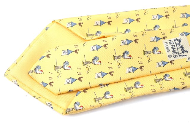 Authentic HERMES Necktie Chicken Home Pattern Silk Yellow Box 7408B