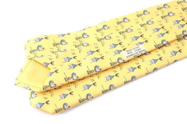 Authentic HERMES Necktie Chicken Home Pattern Silk Yellow Box 7408B