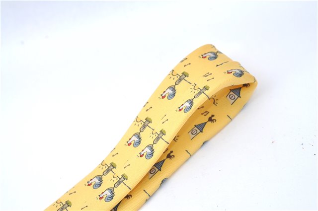 Authentic HERMES Necktie Chicken Home Pattern Silk Yellow Box 7408B