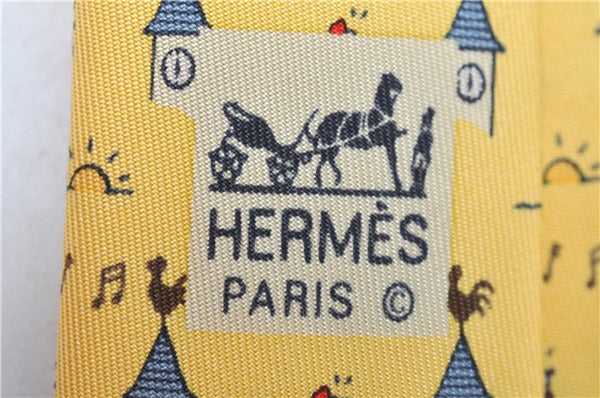 Authentic HERMES Necktie Chicken Home Pattern Silk Yellow Box 7408B