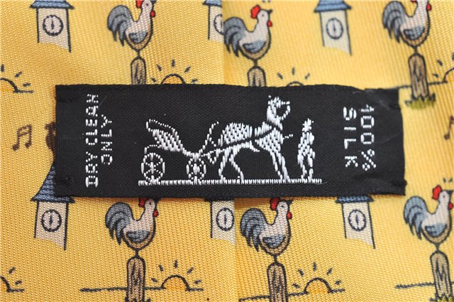 Authentic HERMES Necktie Chicken Home Pattern Silk Yellow Box 7408B