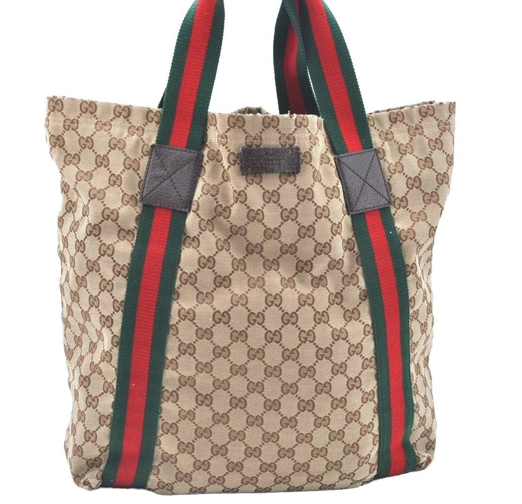 Authentic GUCCI Web Sherry Line Shoulder Tote Bag GG Canvas Leather Brown 7429E