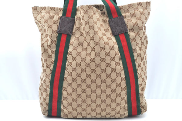 Authentic GUCCI Web Sherry Line Shoulder Tote Bag GG Canvas Leather Brown 7429E