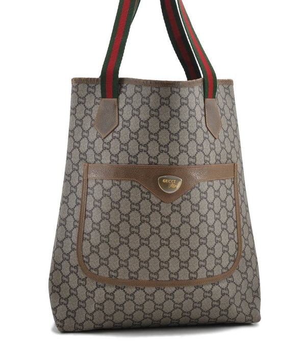 Auth GUCCI Web Sherry Line GG Plus Shoulder Tote Bag PVC Leather Brown 7437B