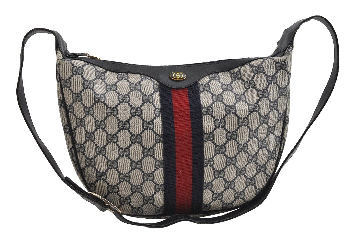 Authentic GUCCI Sherry Line Shoulder Cross Body Bag GG PVC Leather Navy 7447I