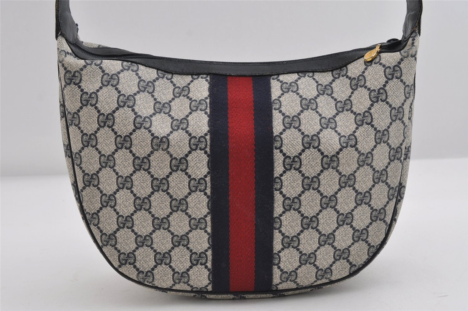 Authentic GUCCI Sherry Line Shoulder Cross Body Bag GG PVC Leather Navy 7447I