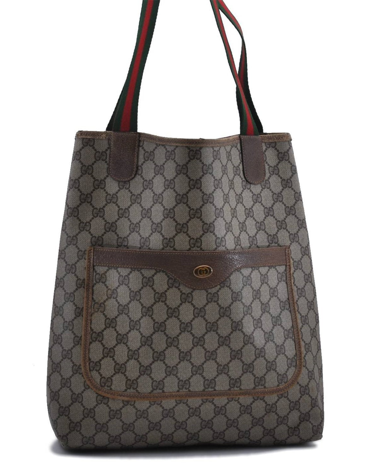 Authentic GUCCI Web Sherry Line Shoulder Tote Bag PVC Leather Brown 7455C