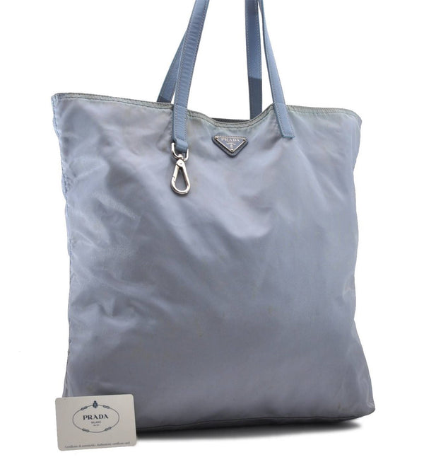 Authentic PRADA Nylon Leather Shoulder Tote Bag BN1068 Light Blue 7466C