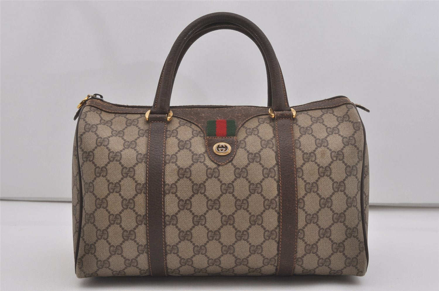 Authentic GUCCI Web Sherry Line Hand Boston Bag GG PVC Leather Brown 7470I