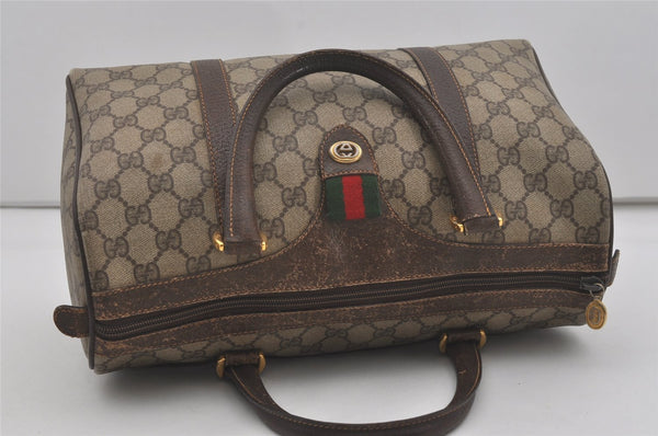 Authentic GUCCI Web Sherry Line Hand Boston Bag GG PVC Leather Brown 7470I