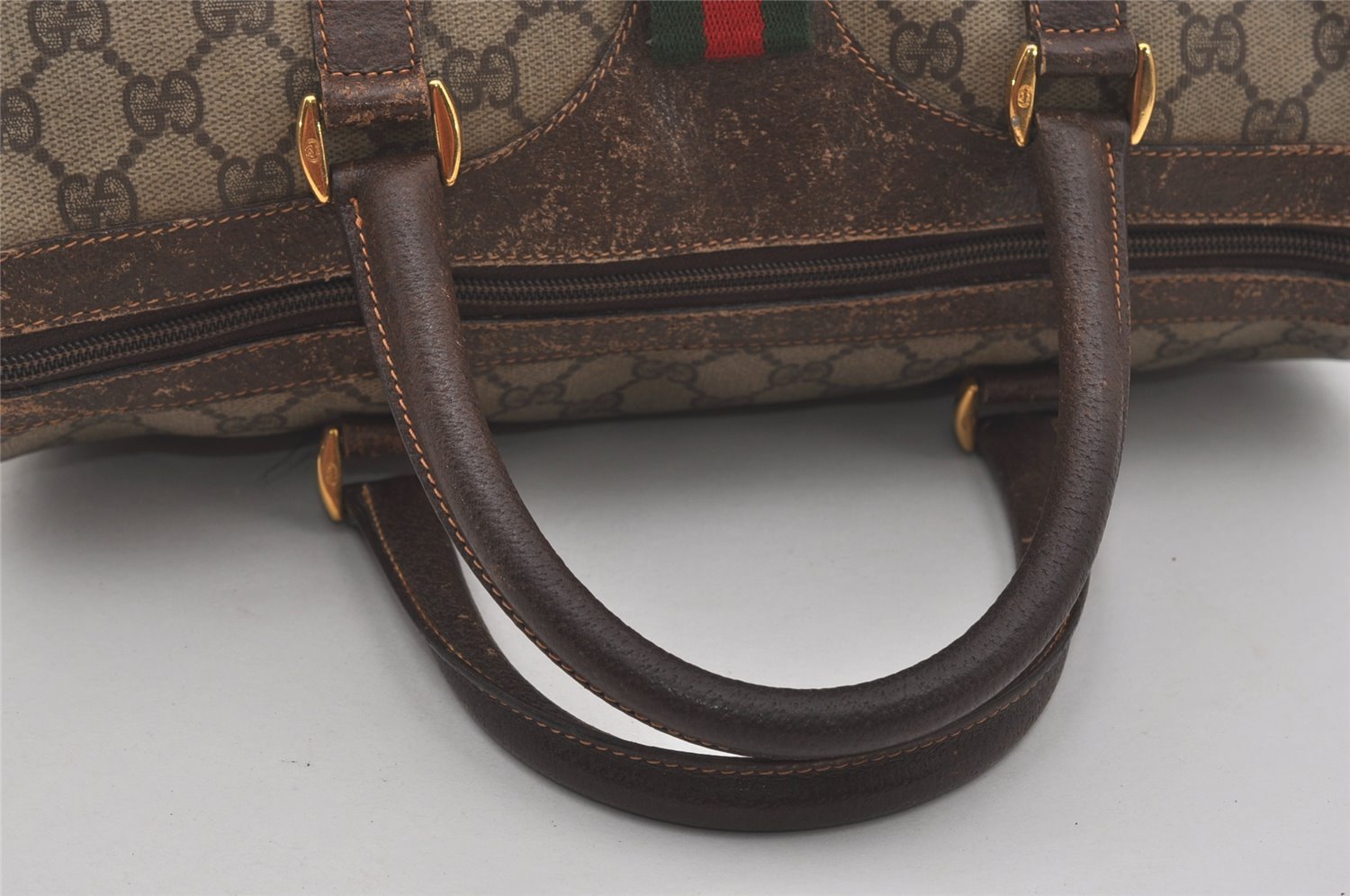 Authentic GUCCI Web Sherry Line Hand Boston Bag GG PVC Leather Brown 7470I