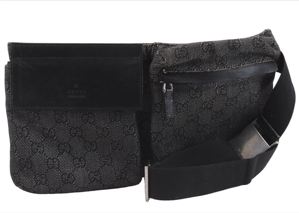 Authentic GUCCI Vintage Waist Body Bag Purse GG Canvas Leather 28566 Black 7481E