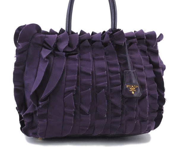 Authentic PRADA Frill Nylon Leather Hand Bag Purse Purple 7486C