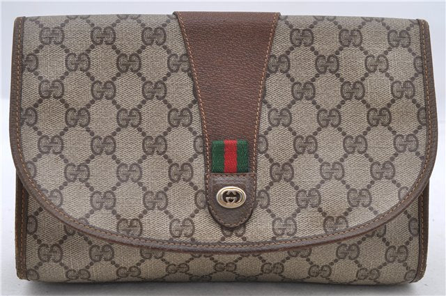 Authentic GUCCI Web Sherry Line Clutch Bag GG PVC Leather Brown 7489C